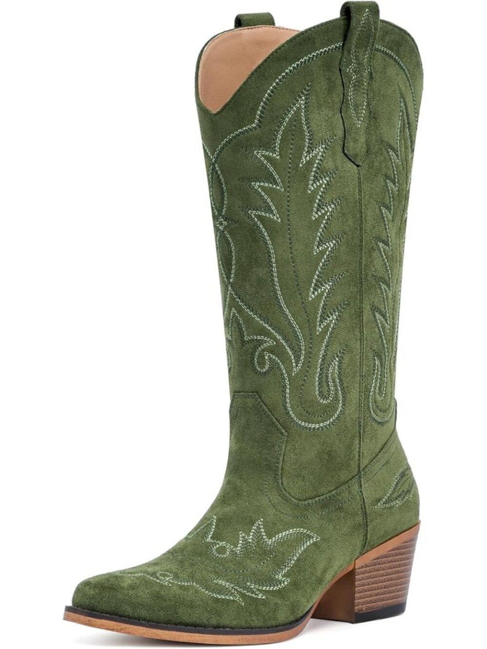 Women’s Green Pull-On Western Mid-Calf Cowboy Boots Snip Toe Chunky Block Heel - Picture 4 of 6